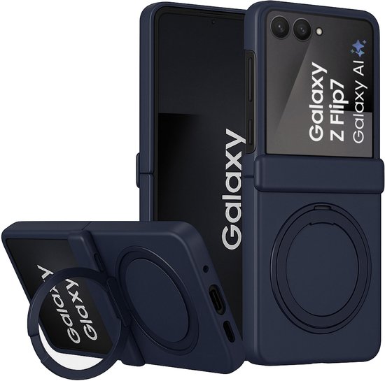 Hoesje met Ringhouder geschikt voor Samsung Galaxy Z Flip7 – Geschikt voor MagSafe – Draaibare Kickstand – Draadloos Opladen – Blauw