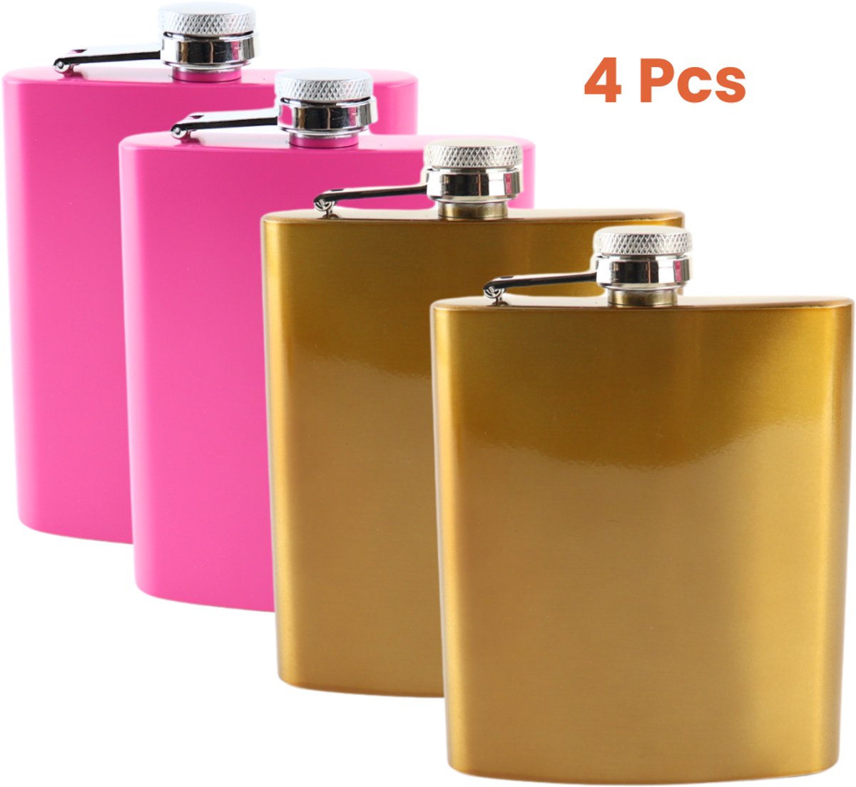 HIXA Heupfles - Goud en Roze - 4 Stuks - Flacon - Veldfles - RVS - Drinkfles - Platvink - 200ml - GOLDY PINKY