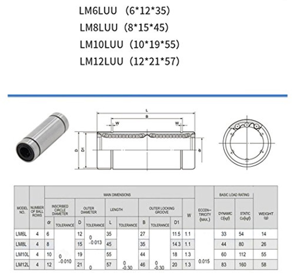 LM6UU Longer Linear Ball Bearing 6x12x35mm Ball Bearing Bushing For 3D Printer 10PCS