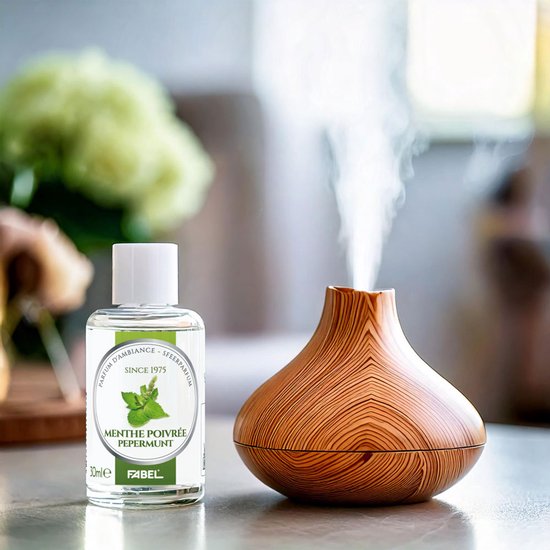 Flesje Fabel interieurparfum 'Menthe Poivrée Pepermunt', 30ml, naast een houten diffuser met stoom.