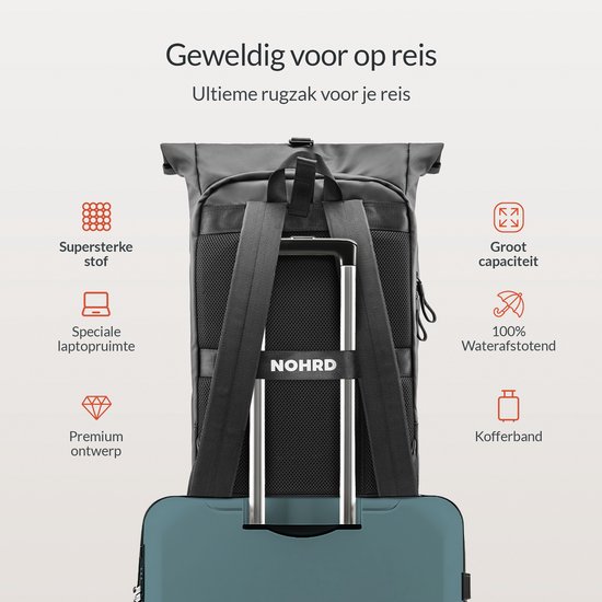 Zwarte NOHRD rugzak met kofferband, bevestigd aan een koffer.