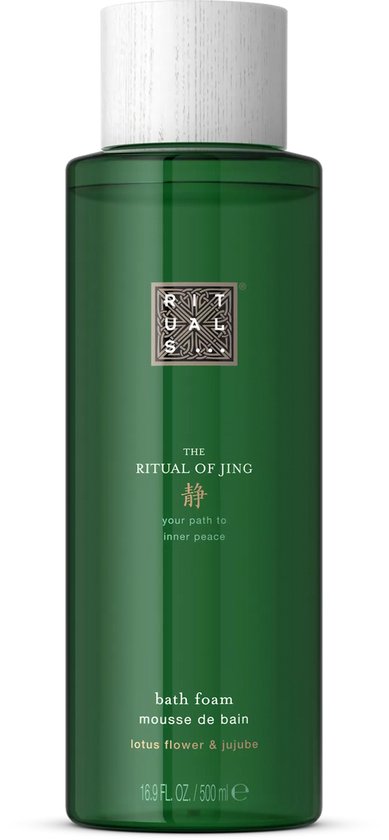 Groene fles badschuim met witte dop. Tekst: RITUALS, THE RITUAL OF JING, bath foam, lotus flower & jujube, 500 ml.