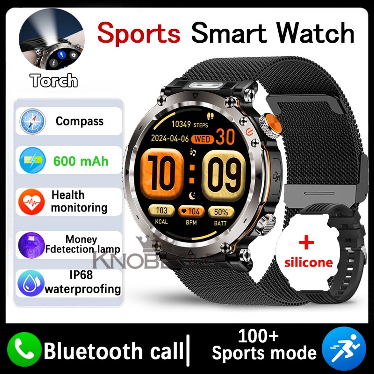 Knobbout 1.7" Outdoor Smartwatch – Digitale Kompas - LED & UV Licht -600mAh batterij - Bluetooth Bellen- IP68 Waterdicht -AI Spraakassistent - Gezondheid & Sportfuncties -Zwart staal + Siliconen Band