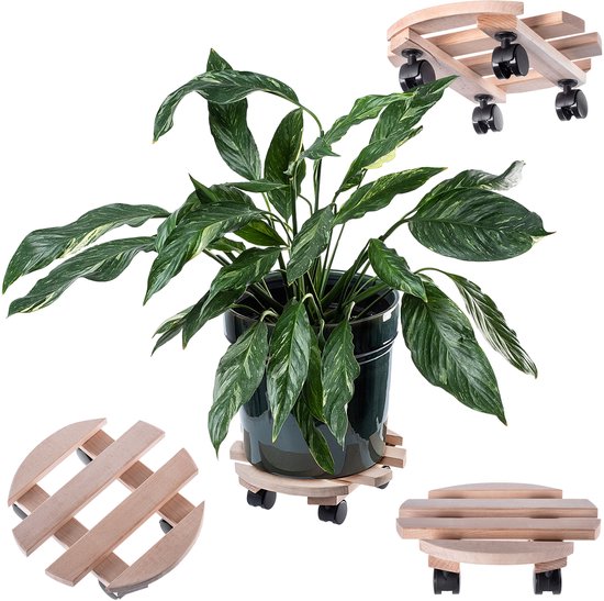 KADAX Plantroller met draaiende wielen, bloemenroller voor flexibel verplaatsen van planten en zware bloempotten, houten plank op wielen (rond, 29,5 cm)