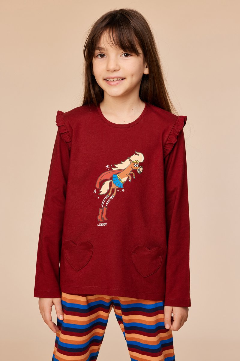 Woody Meisjes-Dames pyjama donkerrood - maat 062/3M