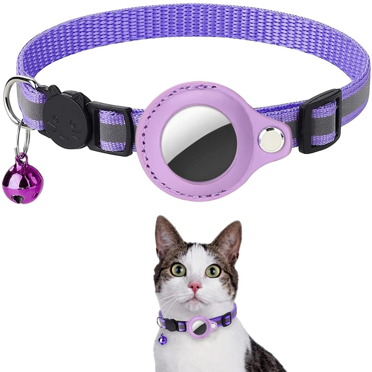 BlueTime ® - Kattenhalsband zonder Tag - Halsband Kat & Kitten met Kattenbelletje - Kattenbandje, Poes, Kattenriem air & Tuigje met Houder - Paars