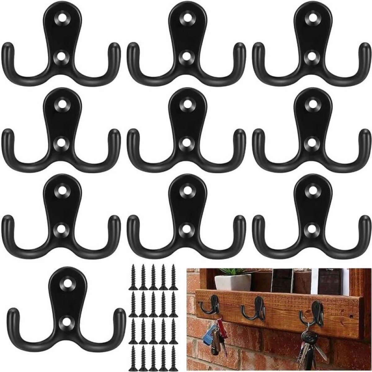 10x Zwarte Dubbele Wandhaken – Vintage Retro Kapstokhaken van Metaal – Stevige Garderobehaken voor Jas, Hoed en Tas