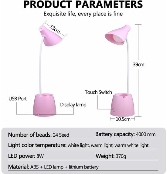 Bureaulamp, LED-tafellamp met 3 verlichtingsstanden en aanraaksensor, 360° draaibaar en dimbaar, geschikt voor lezen, studeren en werken (Wit) — afbeelding 2