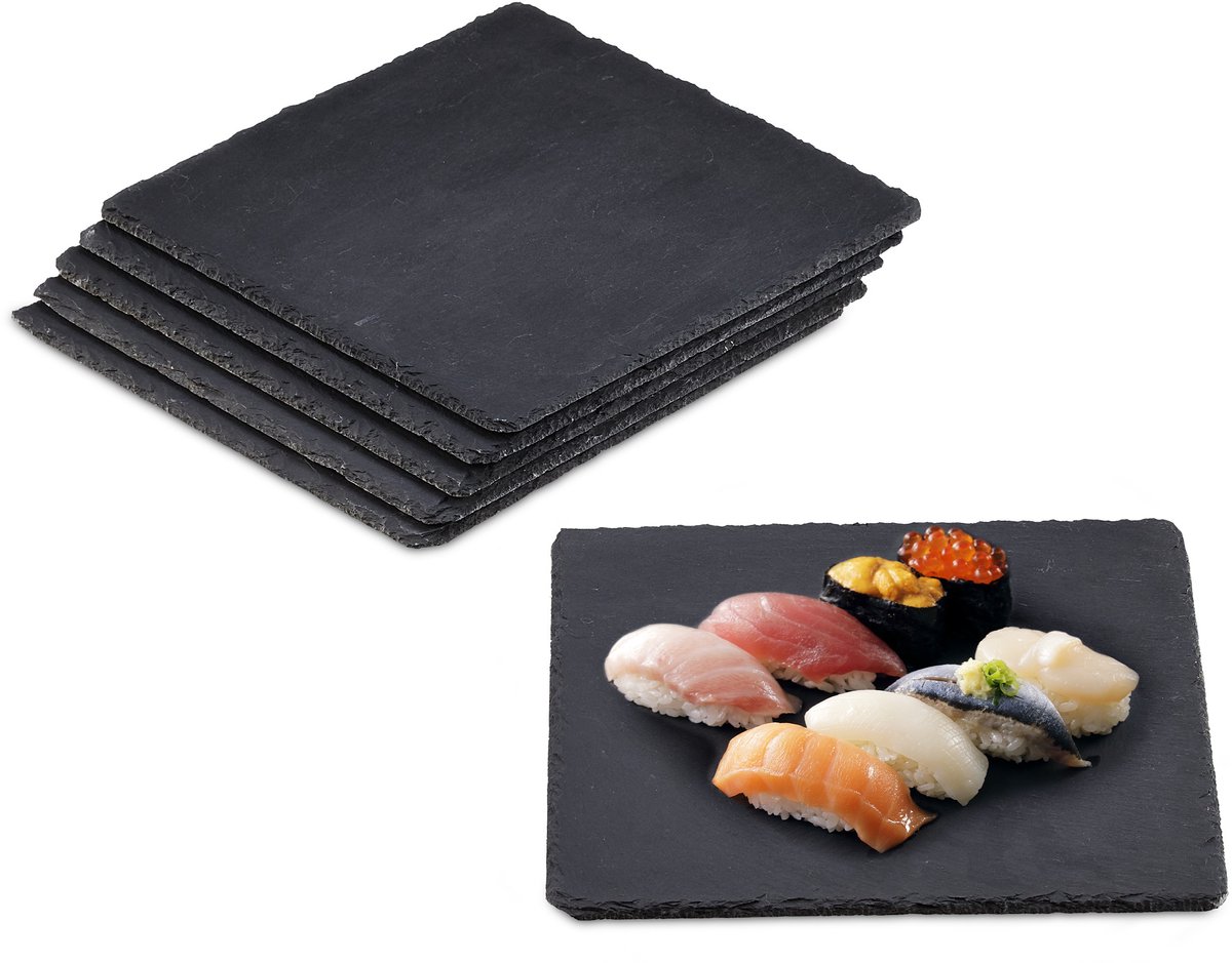 12x Leisteen serveerplank - 25x25 cm - set - onderzetter - sushi bord - vierkant