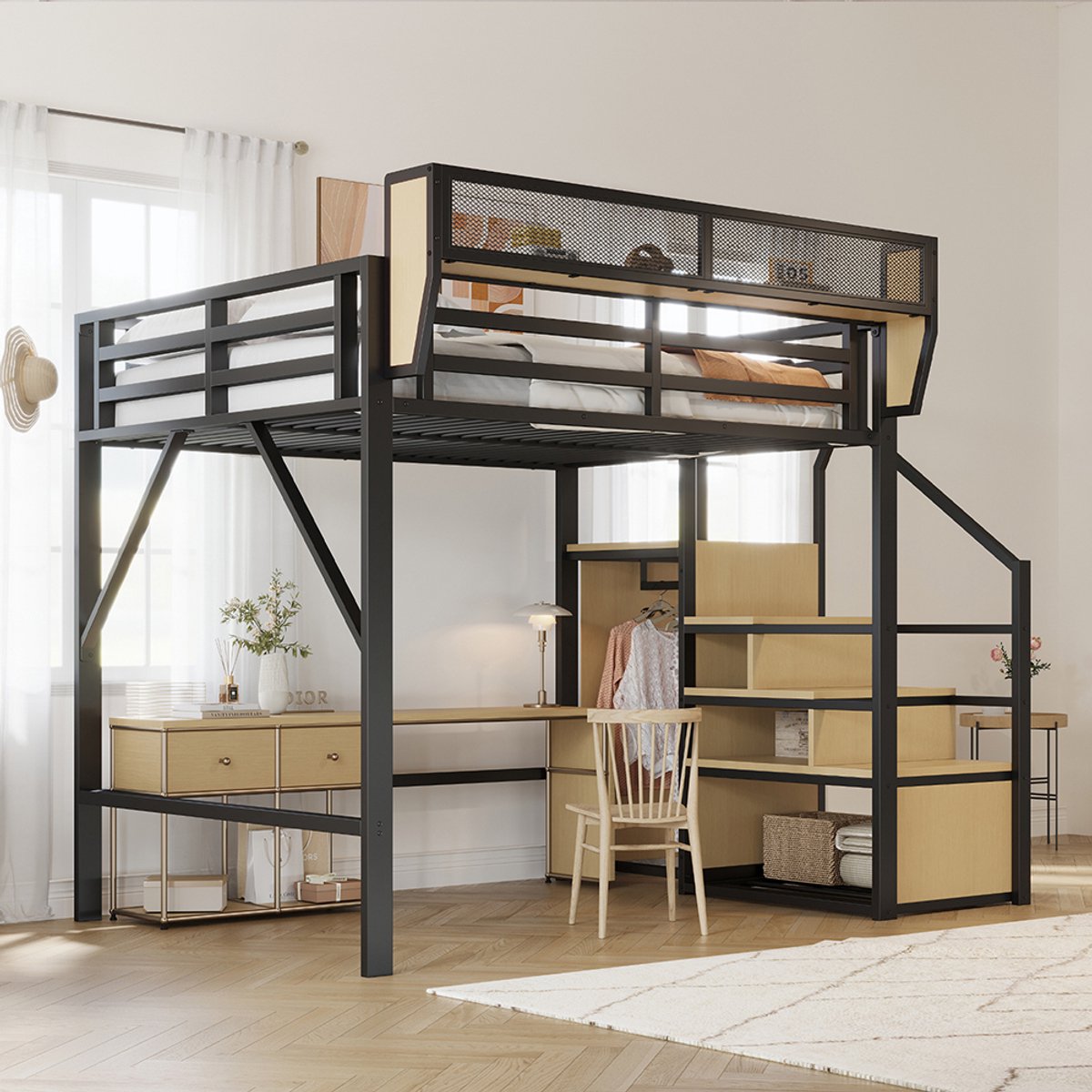 KOMHTOM Stapelbed 140x200 met veiligheidsladder en flexibel opbergvak, metalen bed voor volwassenen, stapelbed voor kinderen, zwart