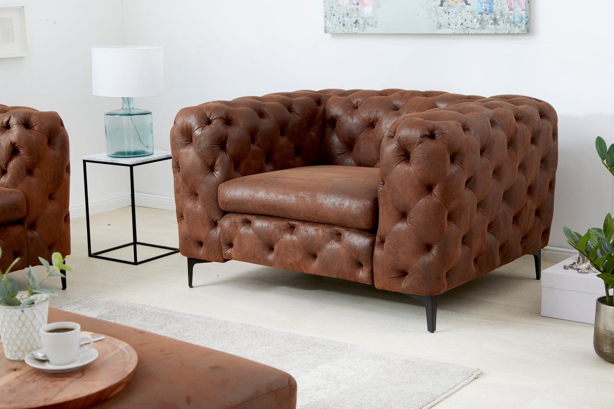 Design Chesterfield Fauteuil MODERN BAROK 120cm antiek bruin microvezel met veerkern - 44399