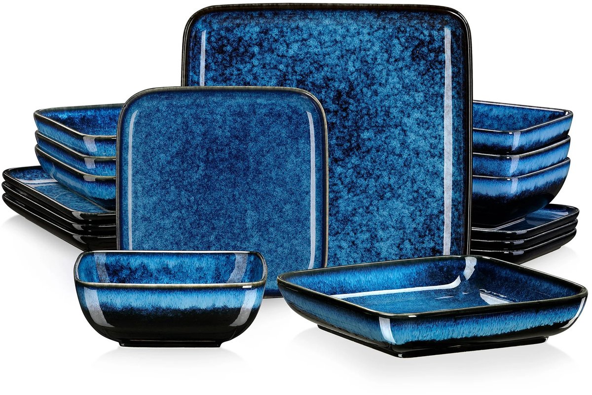 16-delige Serviesset – Blauwe Vierkante Borden & Schalen – Keramisch Servies voor 4 Personen – Complete Dinerset – Oven & Magnetronbestendig - Serviesset 4 persoons