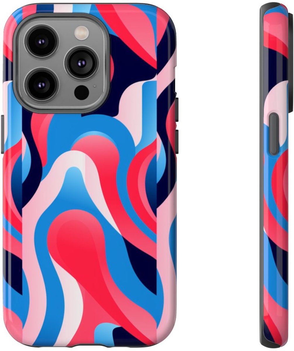 Blauw-Rood Abstract Golvend Patroon – Telefoonhoesje Geschikt voor iPhone 14 Pro