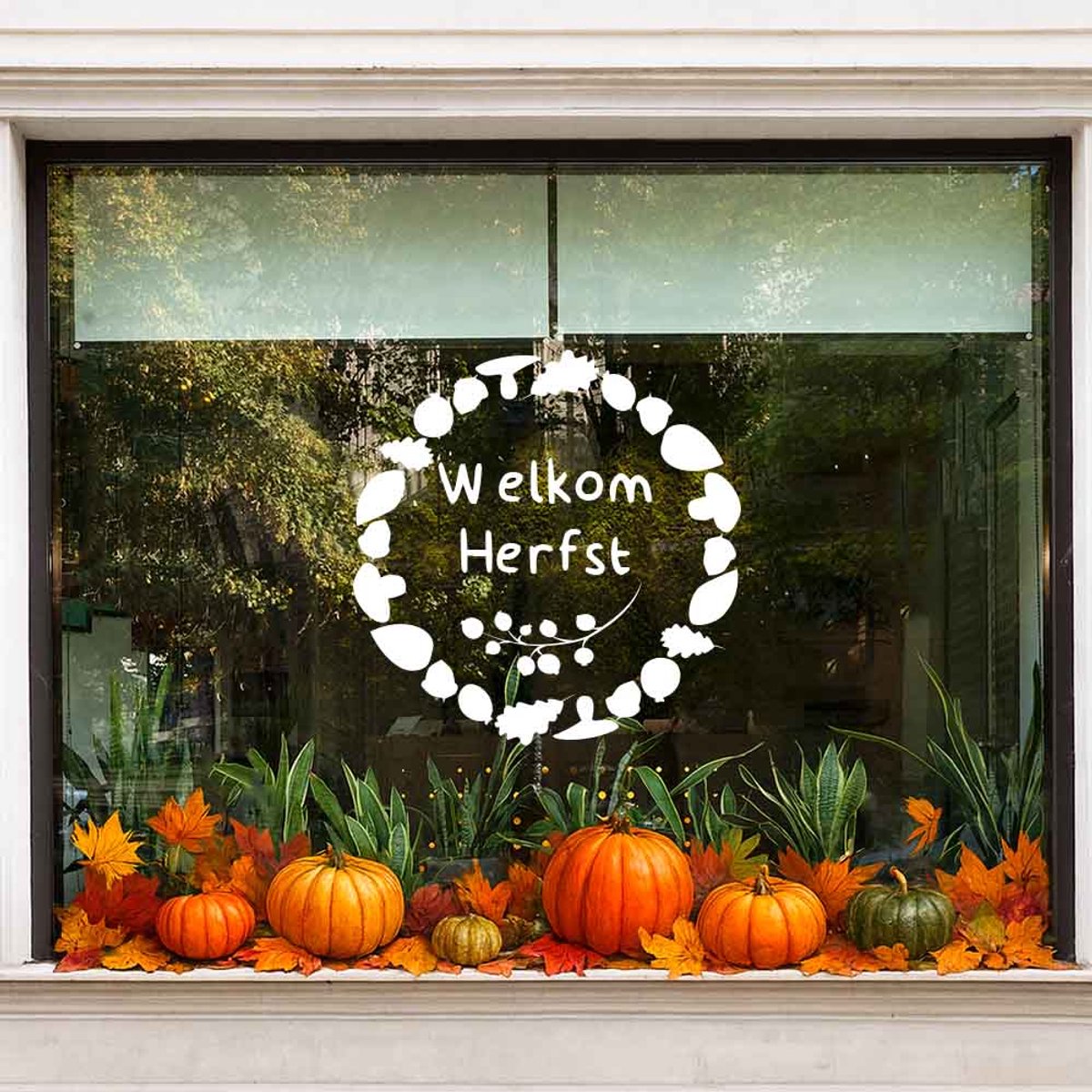 Herbruikbare raamsticker herfst – welkom herfst cirkel - Groen - 40 x 40 cm