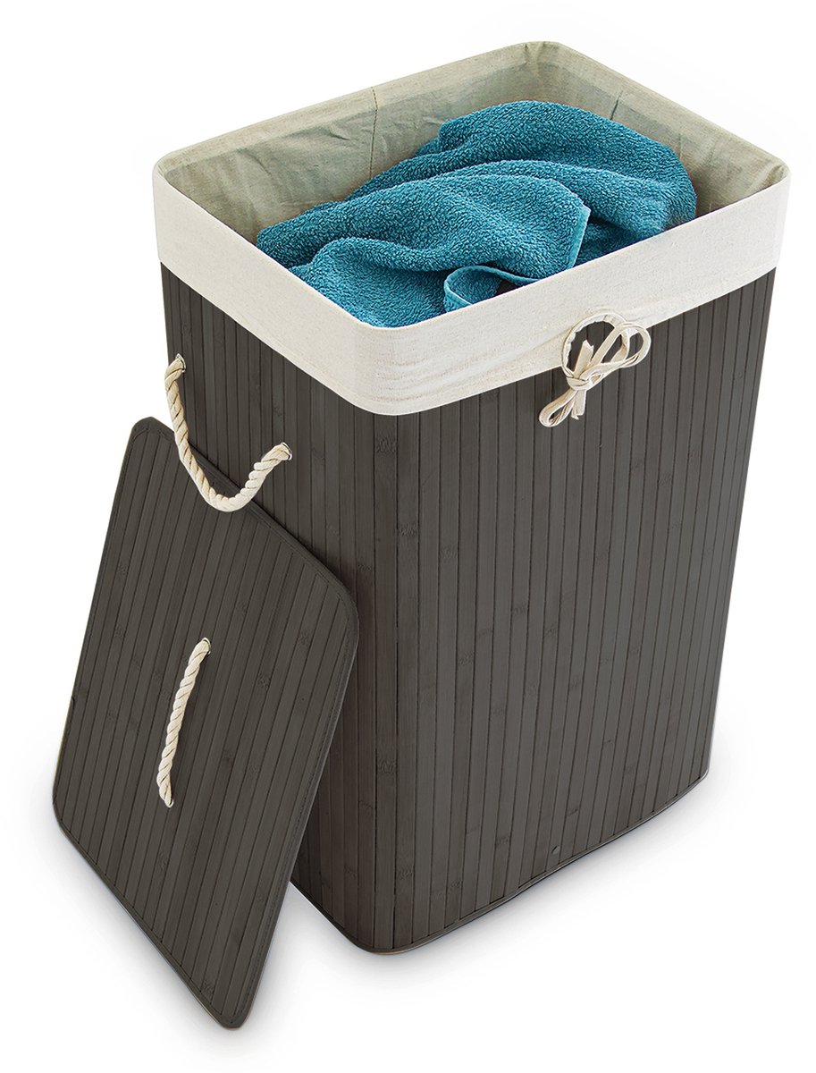 2x wasmand bamboe - wasbox opvouwbaar - 80 L - 65,5 x 43,5 x 33,5 cm - zwart