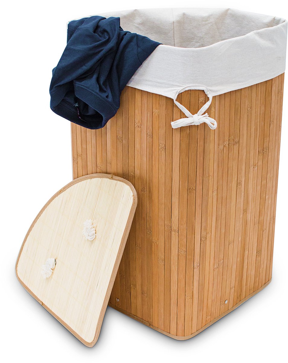 3x wasmand hoekmodel bamboe - 60 liter - deksel - wasbox - driehoekig - natuur