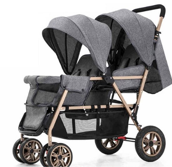 Hennova Kinderwagen - Buggy - Duo kinderwagen - Voor 2 kinderen - Inklapbaar - Verstelbaar - Wasbaar - Incl. regenhoes - Grijs - Goud - 88 x 53 x 103 cm