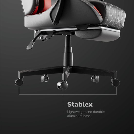 Zwarte aluminium basis met wielen voor een gamestoel.