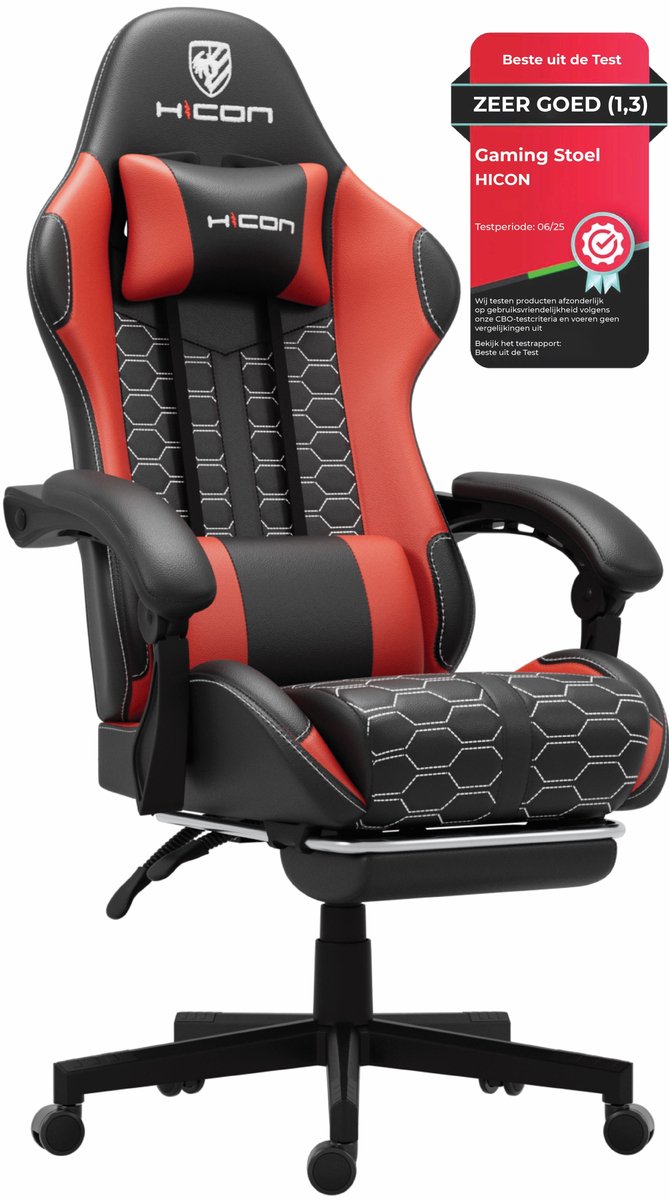 Afbeelding 2 van Gamestoel - Gaming stoel - Game stoel - Gaming Chair - HICON® - Verstelbaar - Lambeth - Max Gewicht 150 kg - Zwart Rood