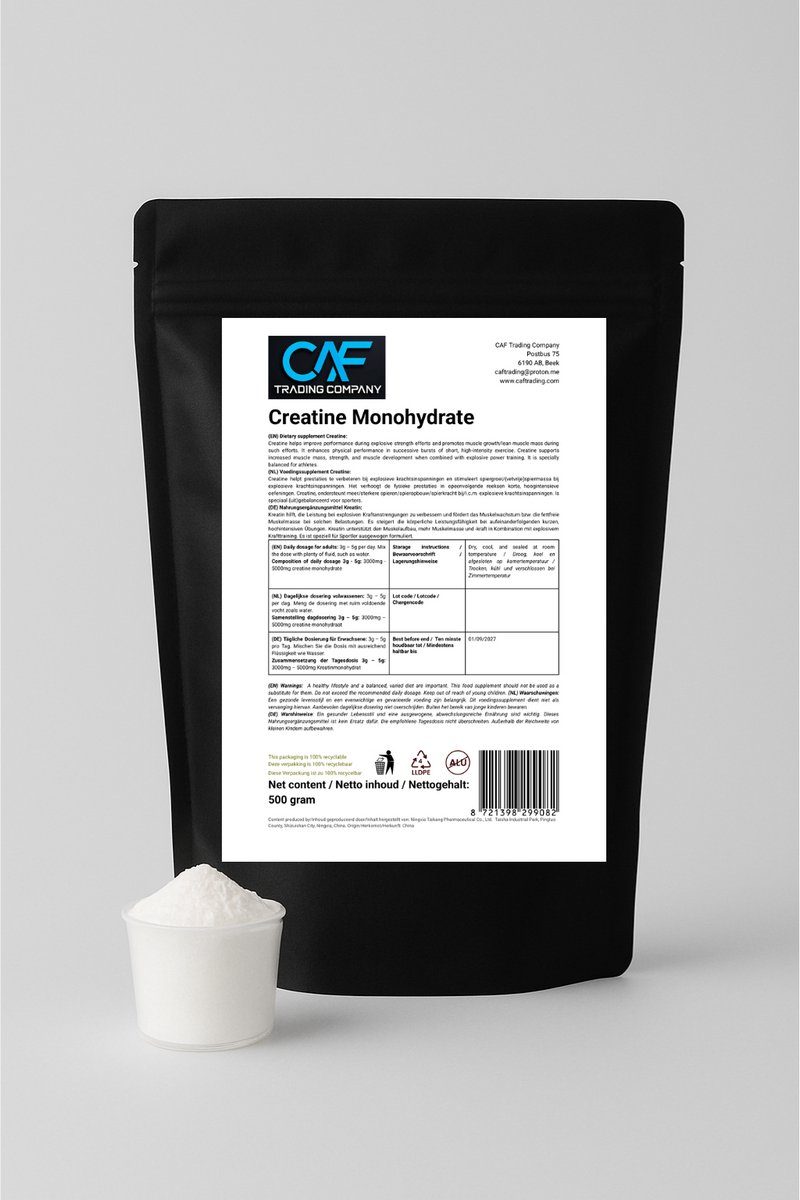 Creatine Monohydrate - 100% Creatine Monohydraat - Supplement voor Spieropbouw/Prestaties - Smaakloos - 500 gram (146 doseringen)