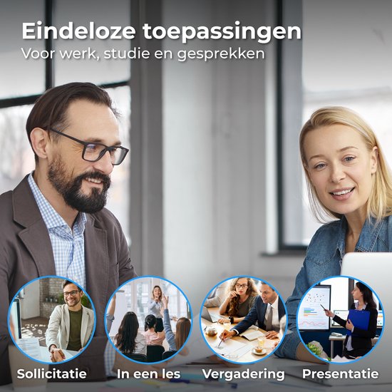 Collage van vier kleine ronde afbeeldingen: sollicitatie, les, vergadering en presentatie, met een zilverkleurige usb-stick vooraan.