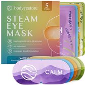 Body Restore stoom oogmasker 5-pack met lavender, kamille, fris, roos en eucalyptus patronen. Diverse maskers met 'Calm' tekst.