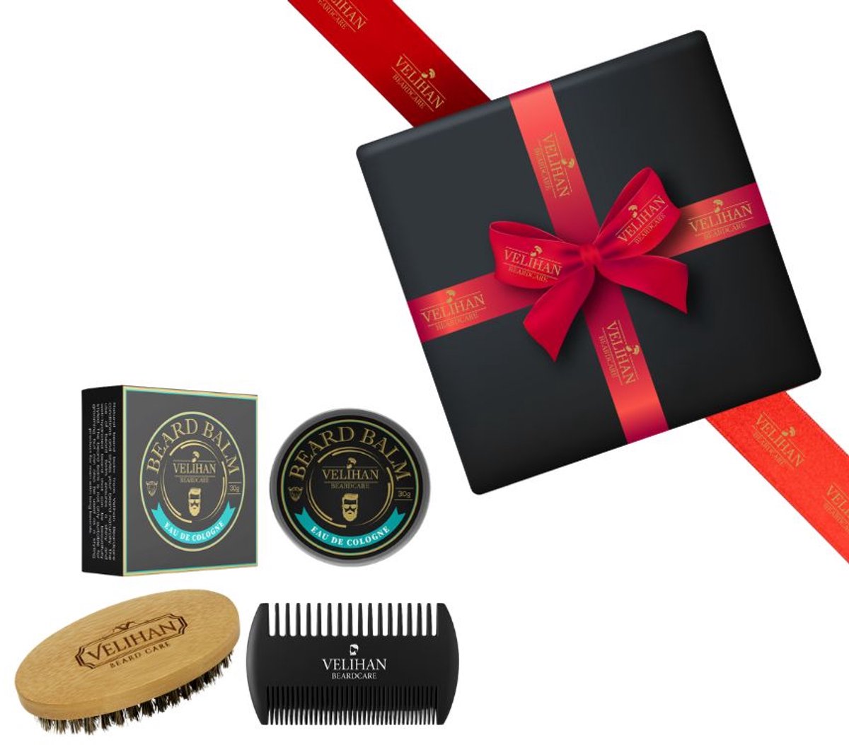 Velihan Beardcare - Baardverzorging Trio Pack Baardbalsem Eau De Cologne 30g, Baardborstel en Baardkam - Cadeau voor mannen - Vaderdag Cadeau - Cadeau voor hem - Cadeau voor Kerst - Valentijdsdag mannen - Giftset mannen - Geschenkset man