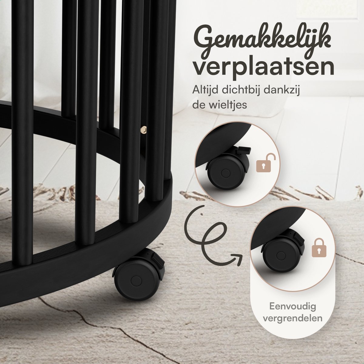 Flowsense Baby Box – Ronde Speelbox - Grondbox - Kinderbox - Playpen – Met Matras – Verstelbare Hoogtes – Wielen - Zwart – foto 5