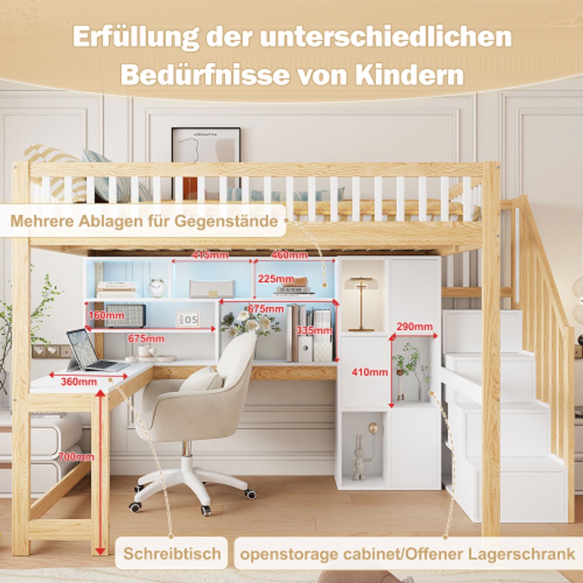 vidaXL Hoogslaper, 140x200cm, met ledverlichting, opbergladder, planken, opbergvakken, bureau, zonder matras, wit + naturel