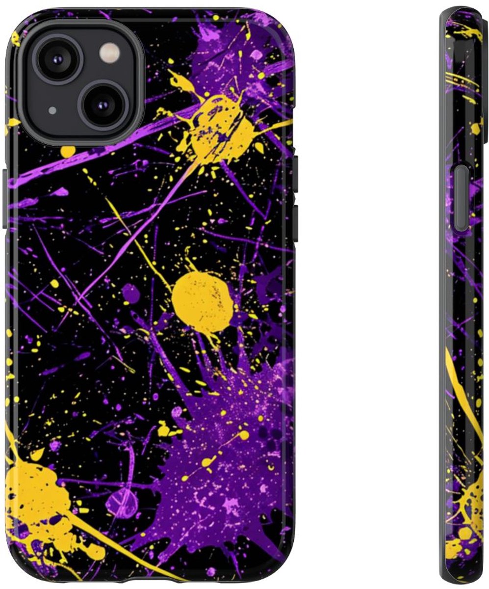 Paarse en Gele Verfspatten Abstract – Telefoonhoesje Geschikt voor iPhone 14 Plus