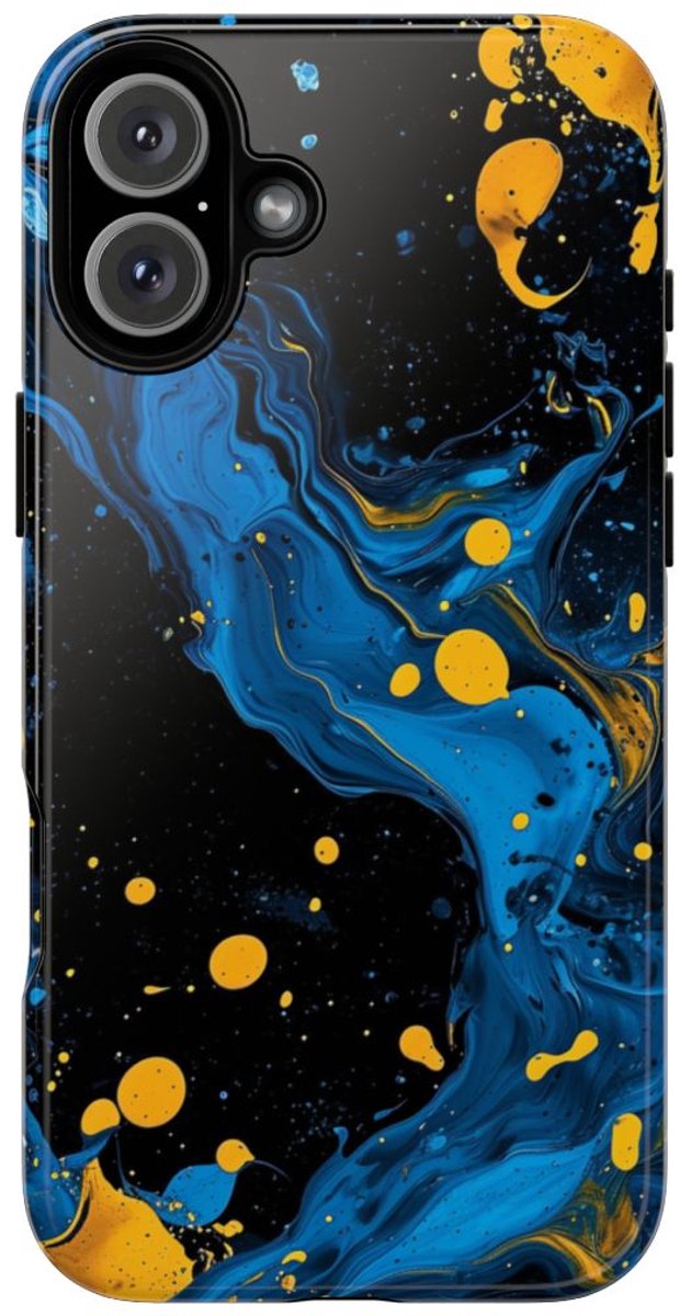 Blauwe en Gele Verfspatten Abstract – Telefoonhoesje Geschikt voor iPhone 16 Plus