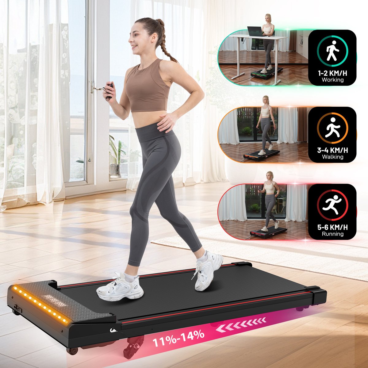 Afbeelding 3 van Elektrische ZX1P loopband met helling- ruimtebesparende loopband met helling- 2-in-1 looppad- LED-display- loopband onder bureau