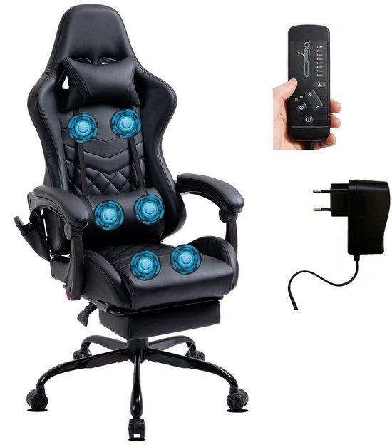 Delman Gaming Stoel met Massagefunctie – Ergonomische Bureaustoel met 6 Vibratiepunten, Hoofdkussen, Lendenkussen, Voetsteun en Zijvakken, Sterk Metalen Onderstel – Ideaal voor Kantoor & Studieruimte