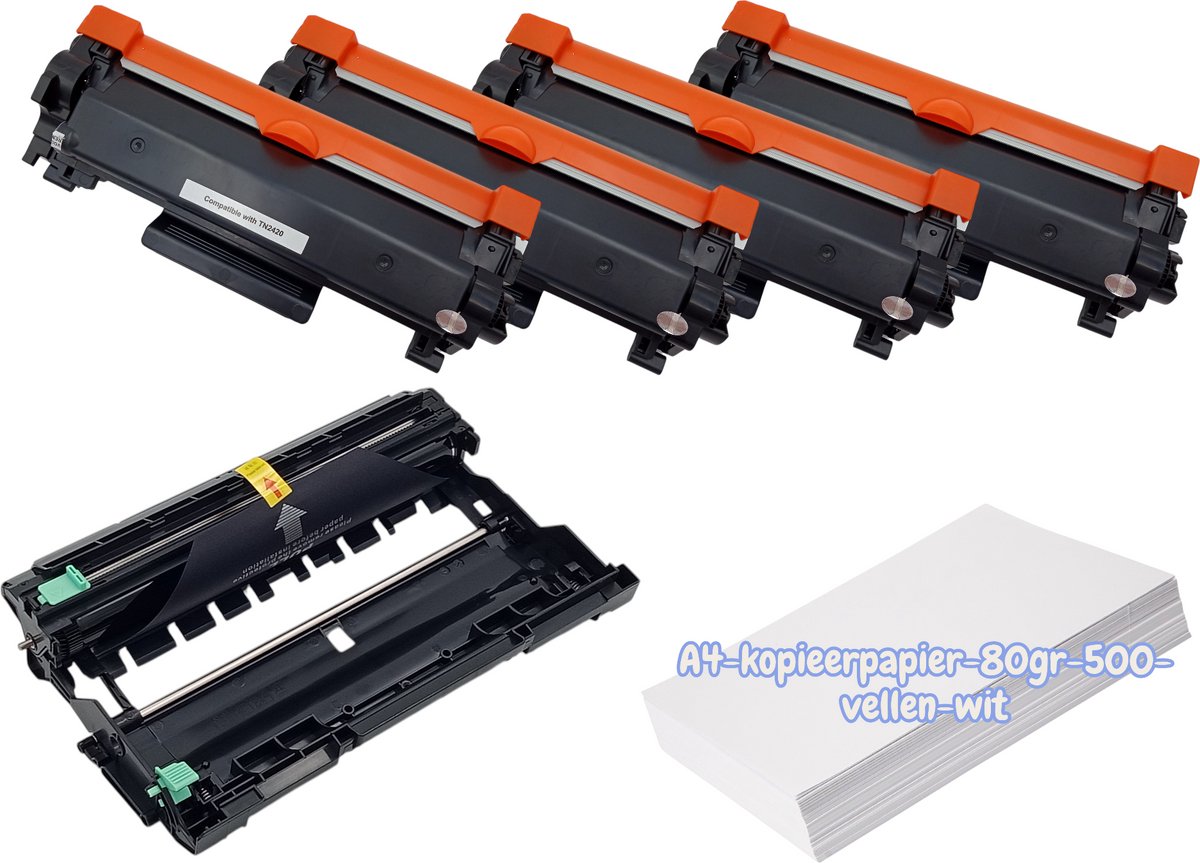 KATRIZ® huismerk 1x DRUM DR2400 + 4x TONER TN2420 + Kopieerpapier-A4-80GR-500vellen-wit | Geschikt voor Brother DCP-L2510D / DCP-L2530DW/DCP-L2550DN/HL-L2310D/HL-L2350DW/HL-L2375DW/MFC-L2710DW/MFC-L2730DW/MFC-L2750DW