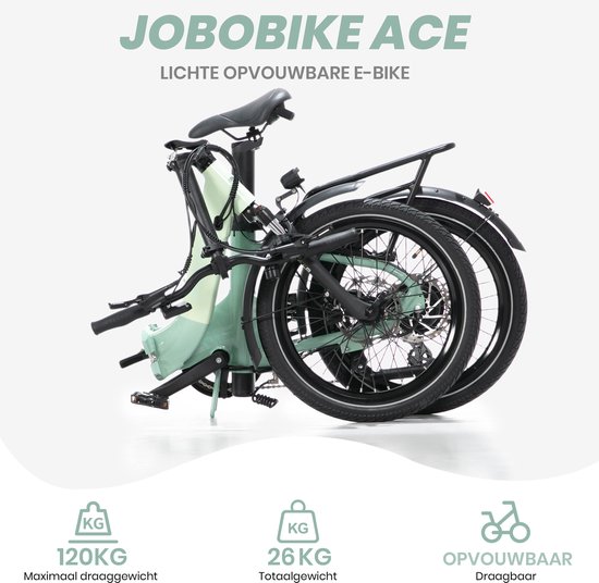 Elektrische Fiets JOBOBIKE ACE Pro - Elektrische Vouwfiets - tot 110 km Actieradius -360Wh Zitbuisaccu - 22kg Lichtgewicht - 20 inch Wielen - Shimano 7 Versnellingen - 250W Achterwielmotor - Hydraulische Schijfremmen - Groen — afbeelding 3