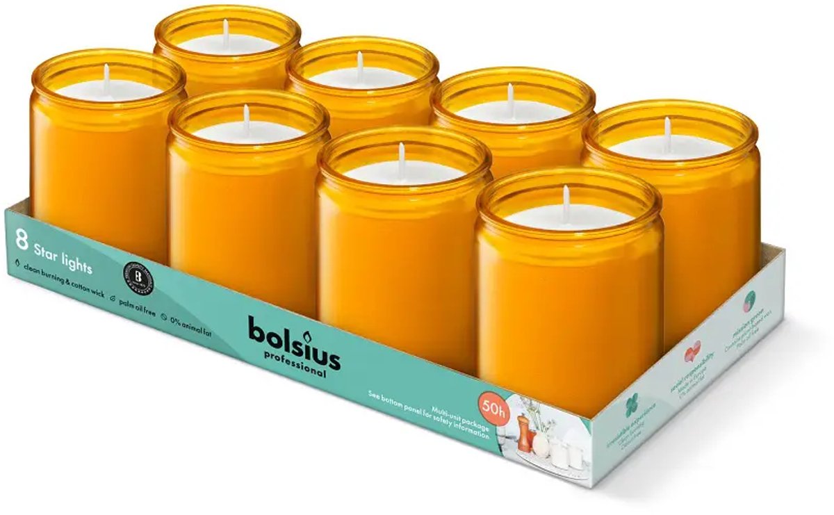 Bolsius Starlight - Amber - Kaarsen in Glas - 8 Stuks - 50 Branduren