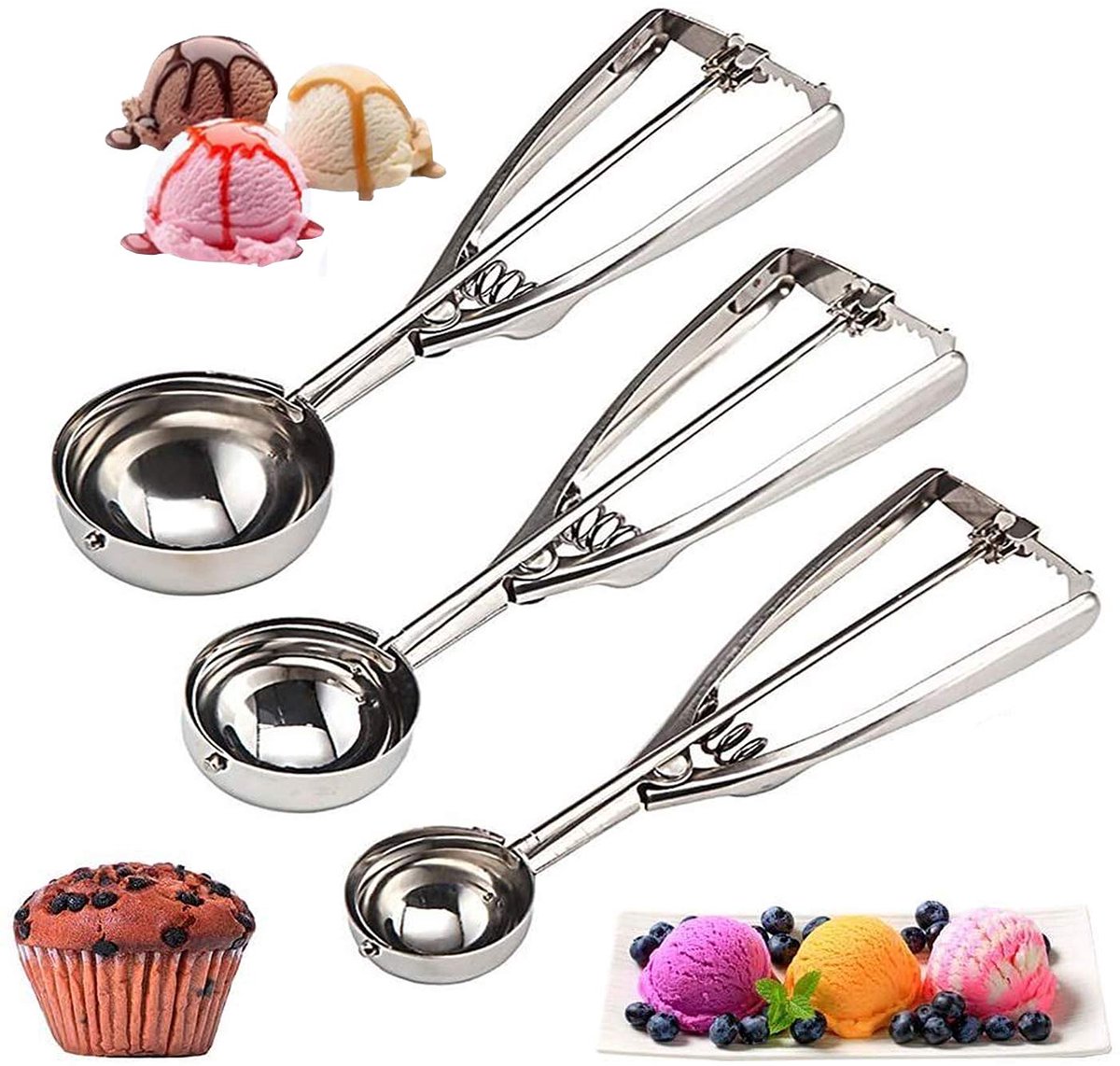 Ynkkvre - 3-delige Koekjeslepel Set met Trekker - Groot Midden Klein - Multifunctionele Roestvrijstalen IJsschep voor Koekjes Cupcakes Muffins Vlees en IJs