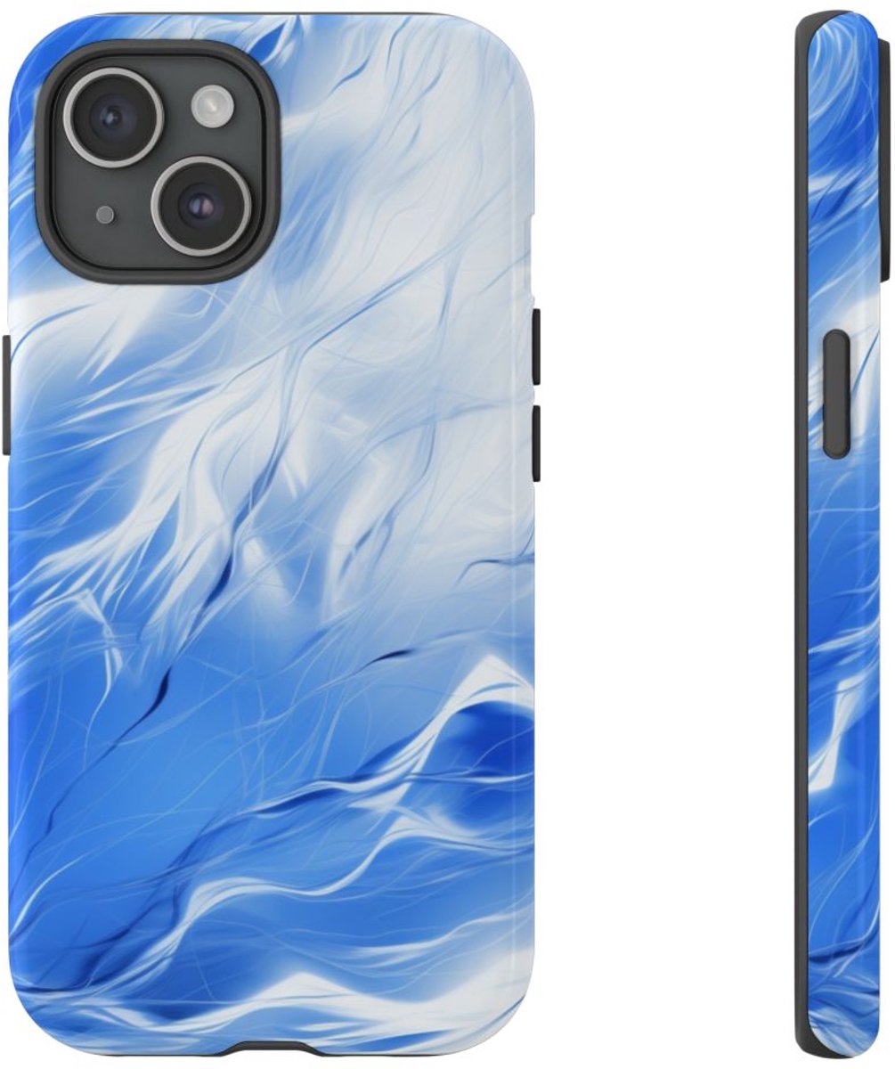 Blauw-Wit Abstract Golvend Patroon – Telefoonhoesje Geschikt voor iPhone 15