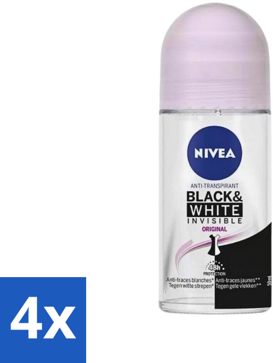 4 x Nivea - Deodorant - Roller - Invisible for Black & White Clear - 50 ml - NIVEA Deodorant Roller - Anti-transpirant - 48 Uur Bescherming - Witte Strepen Voorkomen - Gele Vlekken Voorkomen