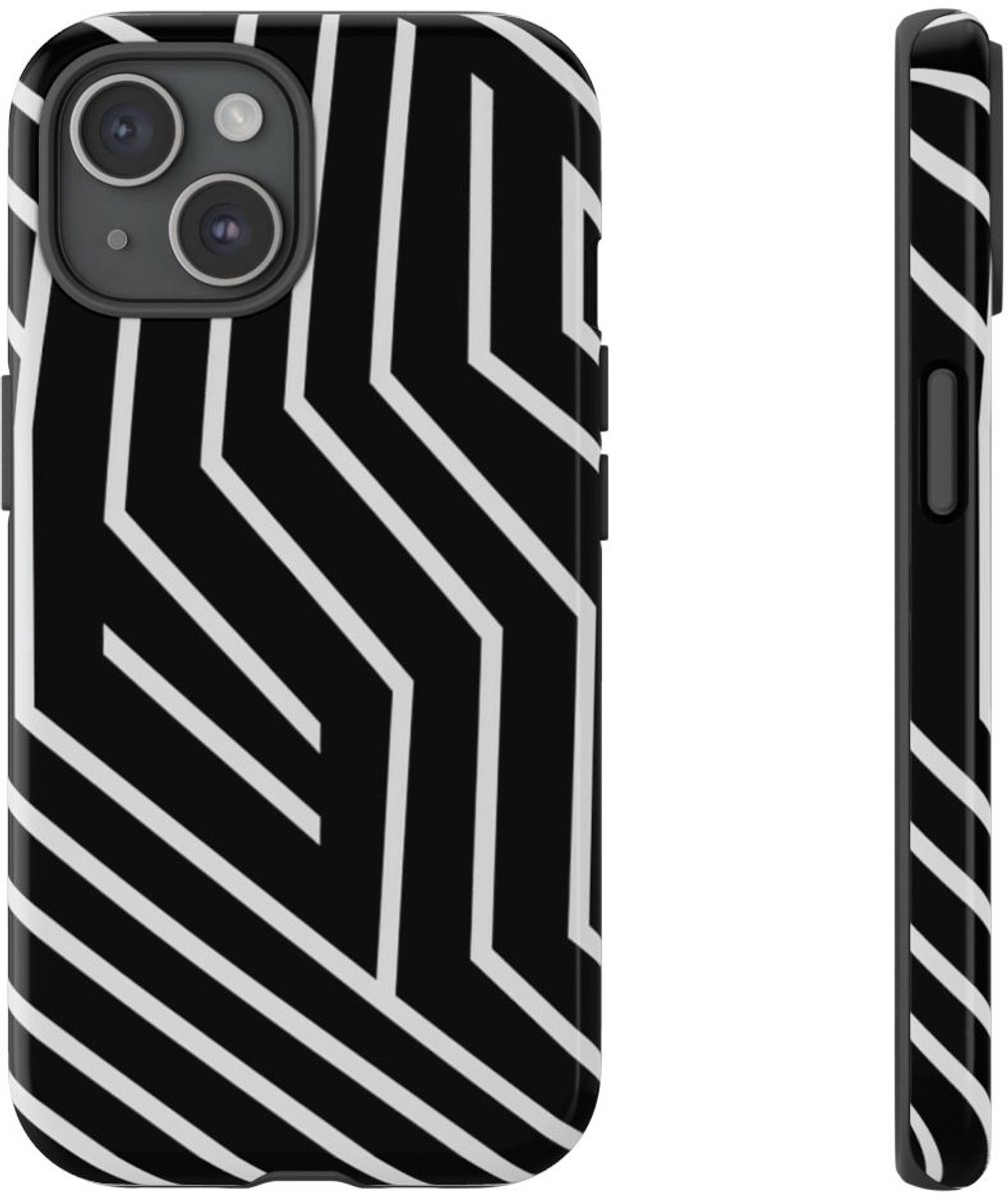 Zwart-Wit Geometrisch Lijnpatroon – Telefoonhoesje Geschikt voor iPhone 15