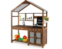 Costway Houten Modderkeuken Outdoor met Luifel, Kraan & Spoelbak