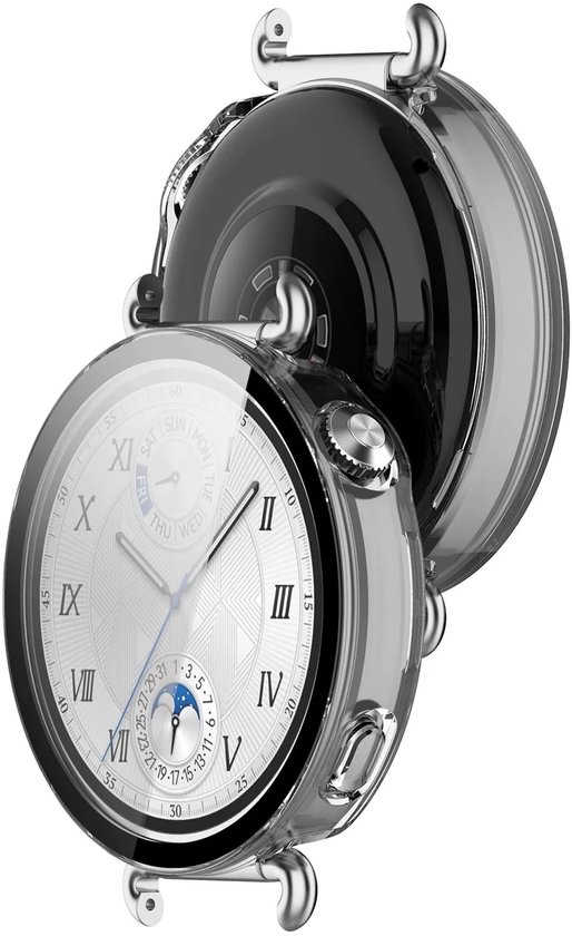 Transparant hoesje met zilverkleurige accenten op een smartwatch met analoge wijzerplaat.