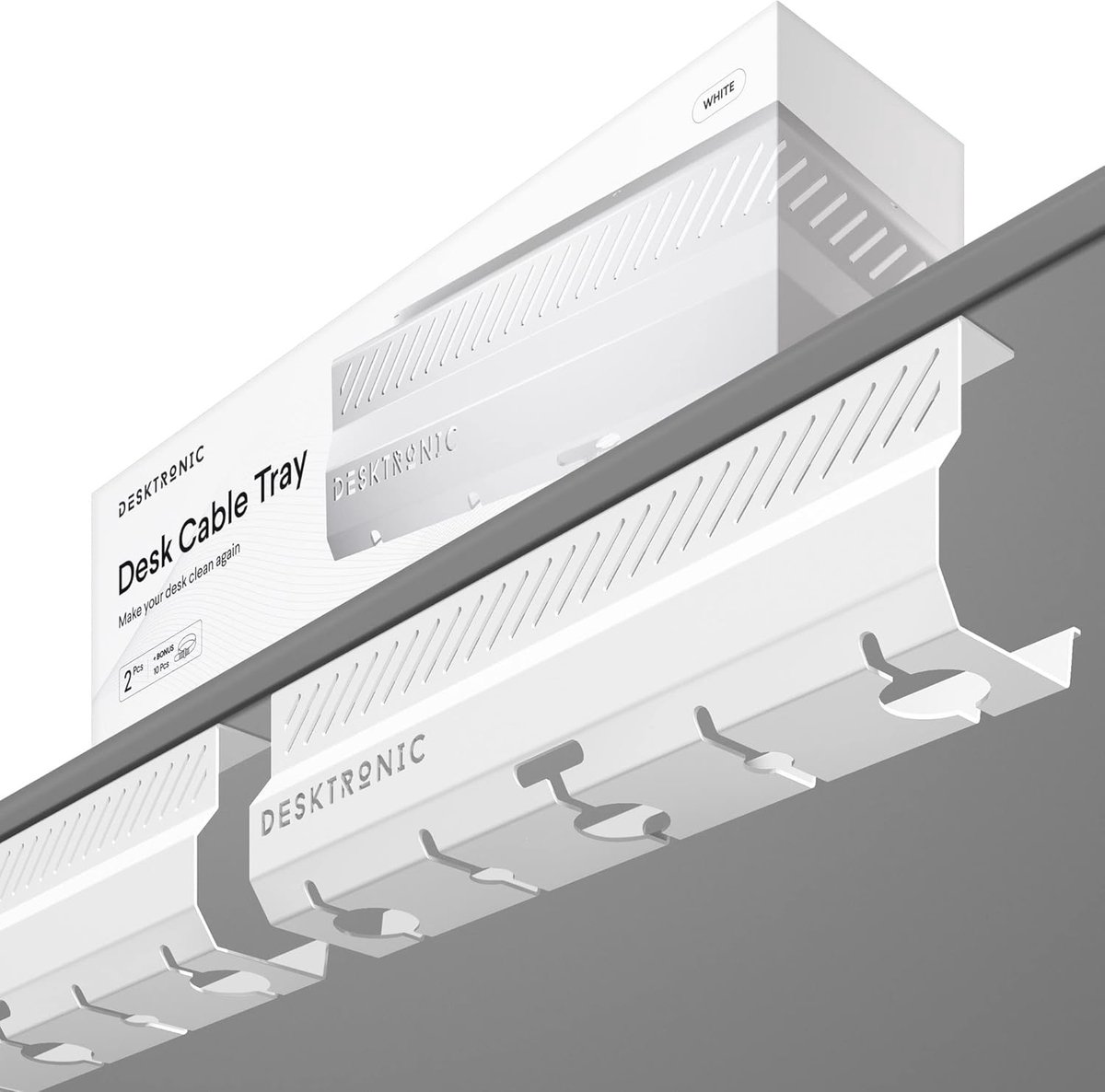 Desktronic Kabelgoot 2 x 43cm - Wit - Kabel organiser Onder Bureau - Plakken of Schroeven - Kabelbox - Kabelhouder - Hoogste kwaliteit staal