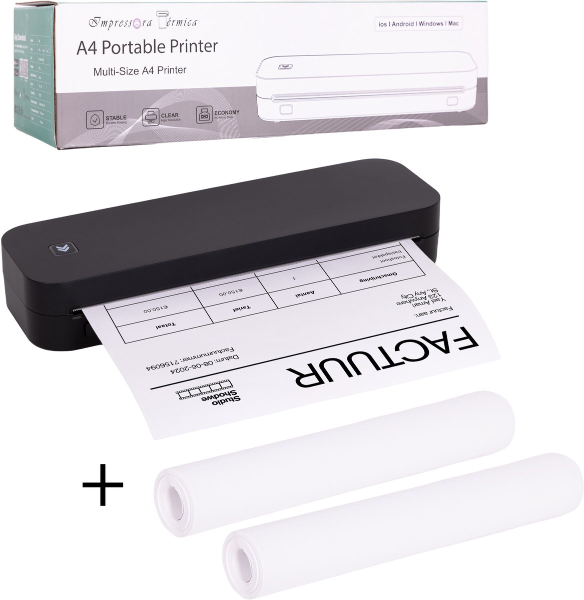 Impressora Térmica® - Thermische A4 printer - Mini Printer voor Mobiel/Tablet/Laptop - 304 DPI - Pocket Printer - Tattoo printer - Inclusief twee rollen thermisch papier - Zwart — afbeelding 1