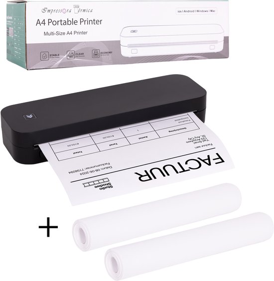 Impressora Térmica® - Thermische A4 printer - Mini Printer voor Mobiel/Tablet/Laptop - 304 DPI - Pocket Printer - Inclusief twee rollen thermisch papier - Zwart