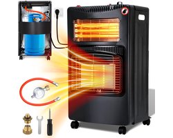 Gaskachel Mobie – met Wieltjes - tot 82 m² - 4200W Gas Heater - Energieklasse A - 4 Rollen Voor Binnenhuis en Buiten - Inclusief Gasdrukregelaar en Gasslang - Zwart