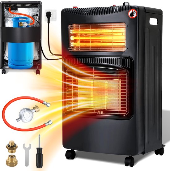 Zwarte gasradiator met open achterkant die een blauwe gasfles toont, met bijbehorende accessoires.