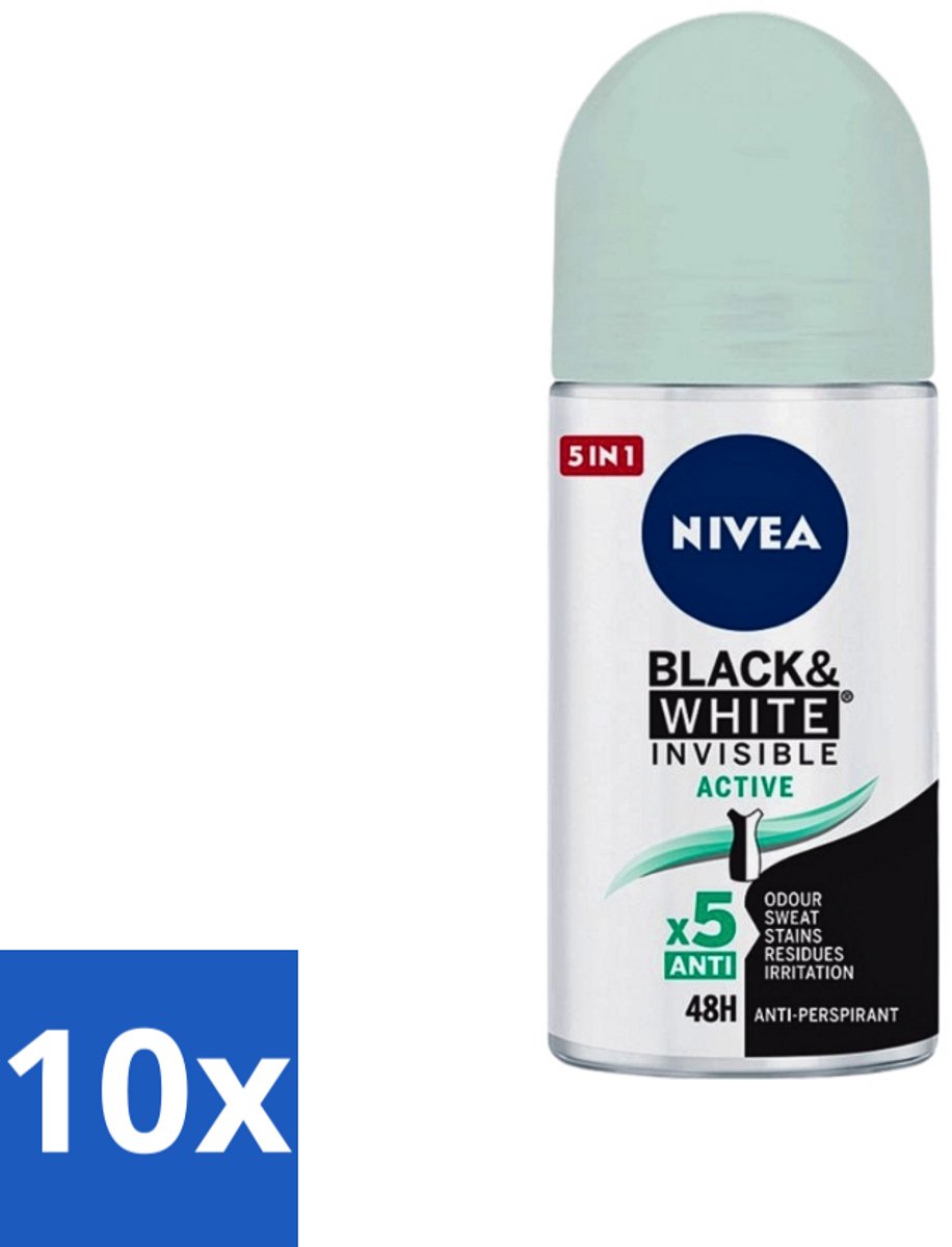 10 x Nivea - Deodorant - Roller - Black & White Invisible - Active - 50 ml - Anti-transpirant - Deodorant Roller - 48 Uur Bescherming - Witte Strepen Voorkomen - Gele Vlekken Voorkomen