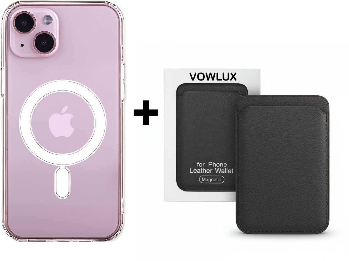 VOWLUX Compatible MagSafe Hoesje voor iPhone 15 Transparant – Inclusief Zwarte Wallet Pasjeshouder – 24 Magneten – Kunstleer – 3 Kaarten – Shockproof Case