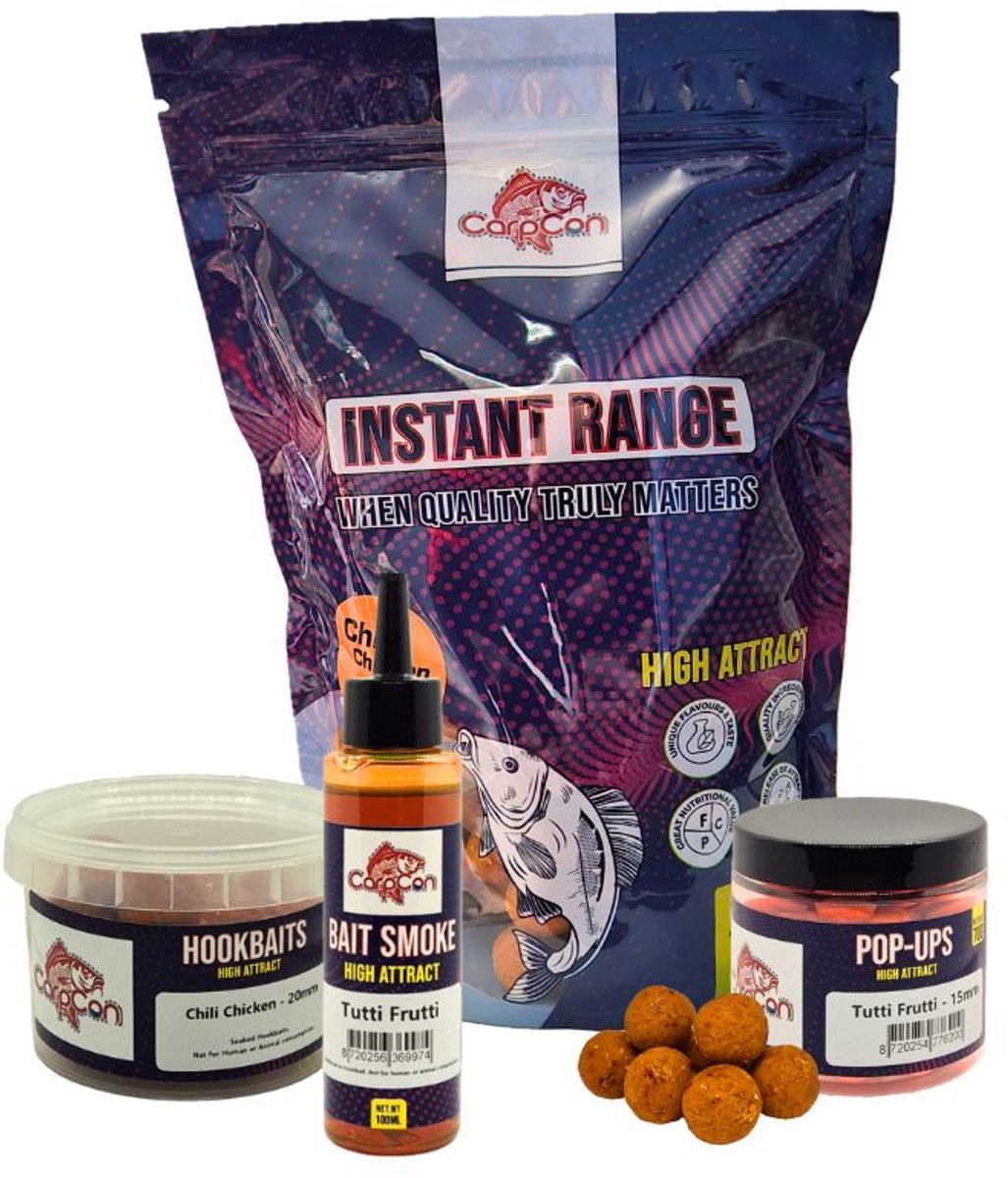 Voerpakket 'Chili Chicken/Tutti Frutti' Klein - 20mm - Met 20mm Boilies, Bait Smoke, Pop-Ups & Hookbaits - Karper voer/boilies - Voordeelpakket voor vissers - Karper lokvoer Visset